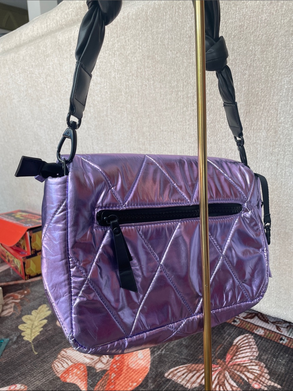Iridescent Purple Quilted Shoulder Bag with Black Strap IHKWIP - Picture 7 of 16